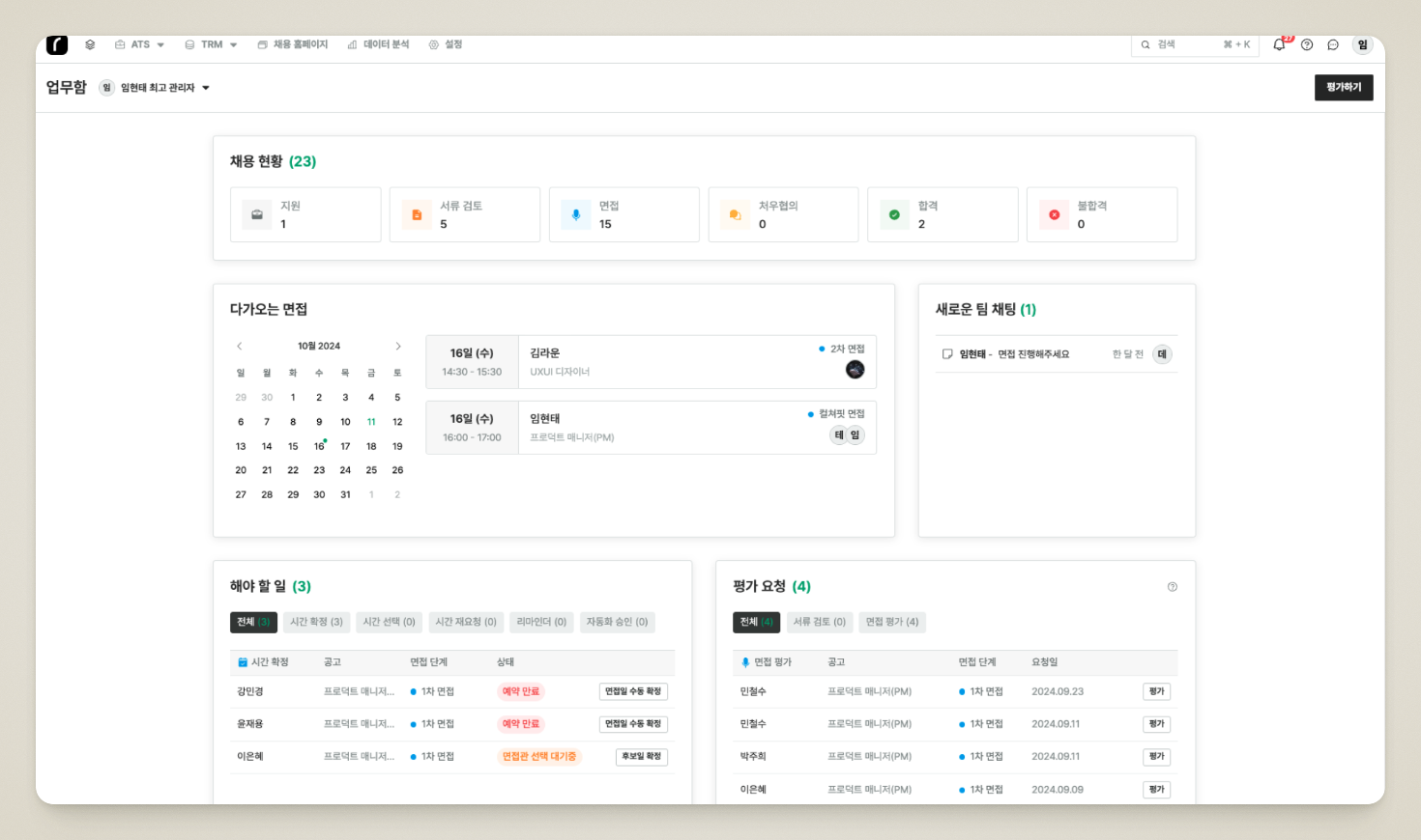 채용 담당자 업무함 화면. 채용 현황, 다가오는 면접, 새로운 팀 채팅, 해야 할 일, 평가 요청 영역으로 구성됨